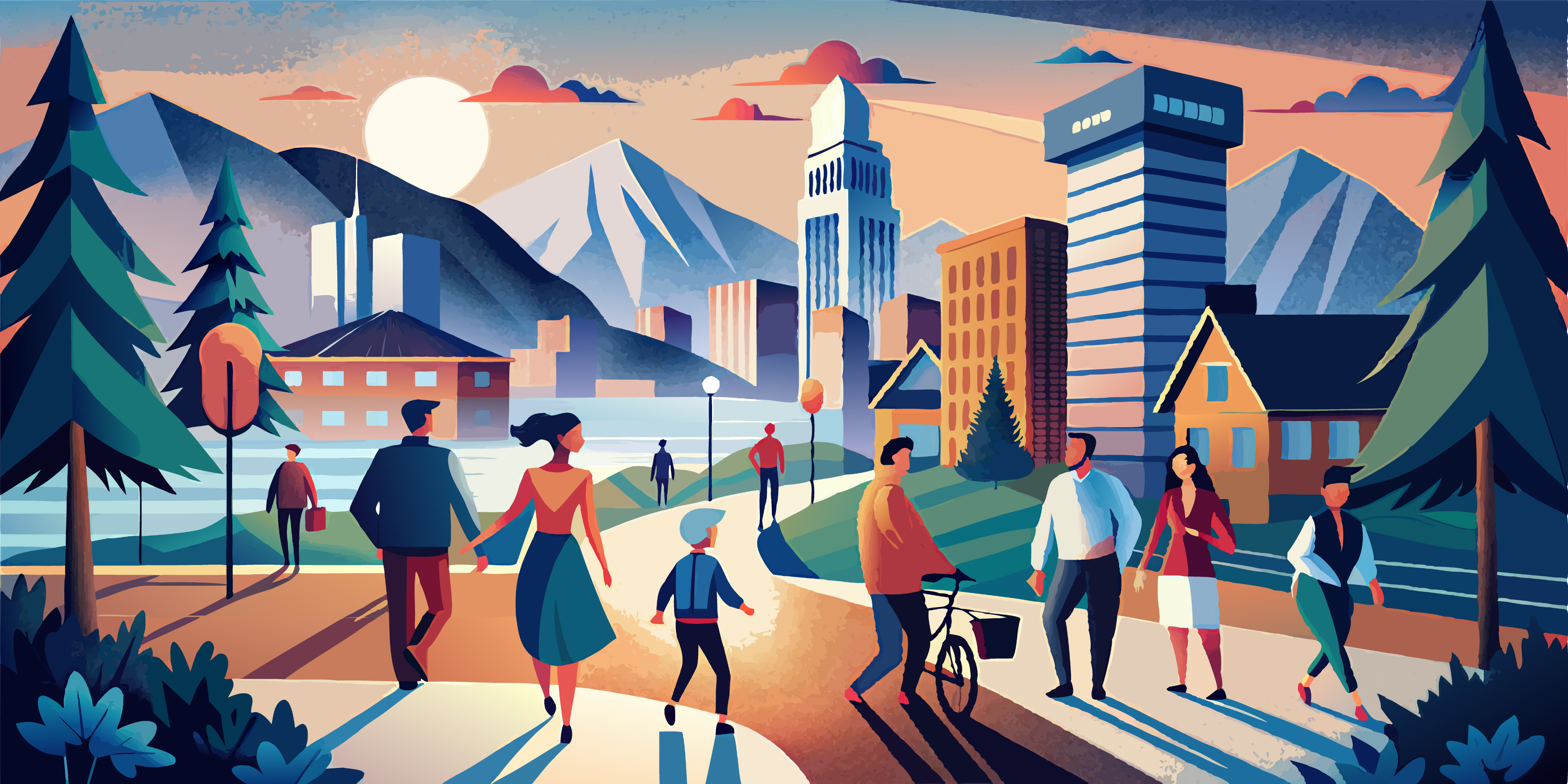 City and mountain illustration artwork