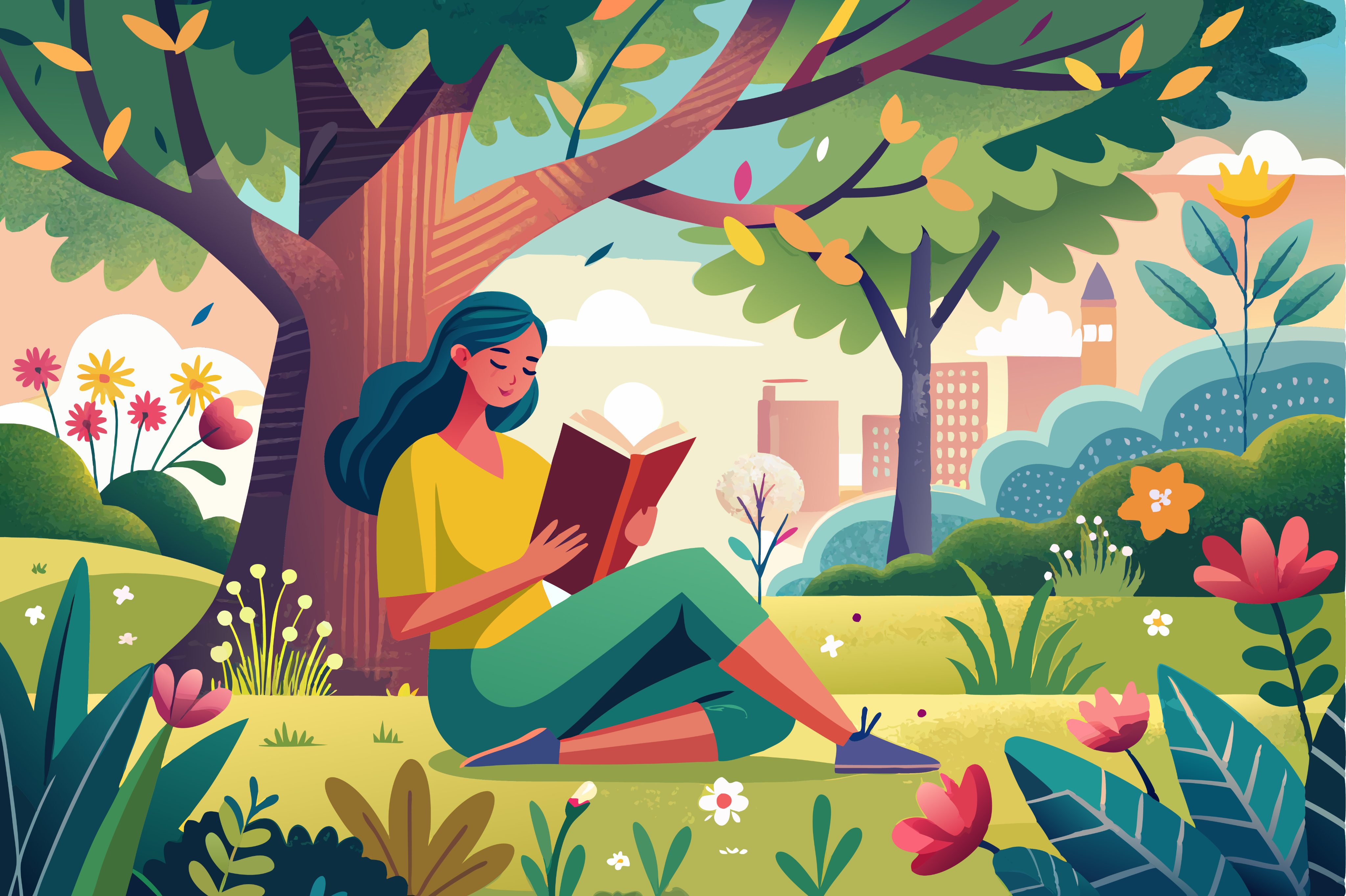 Woman reading beneath trees illustration